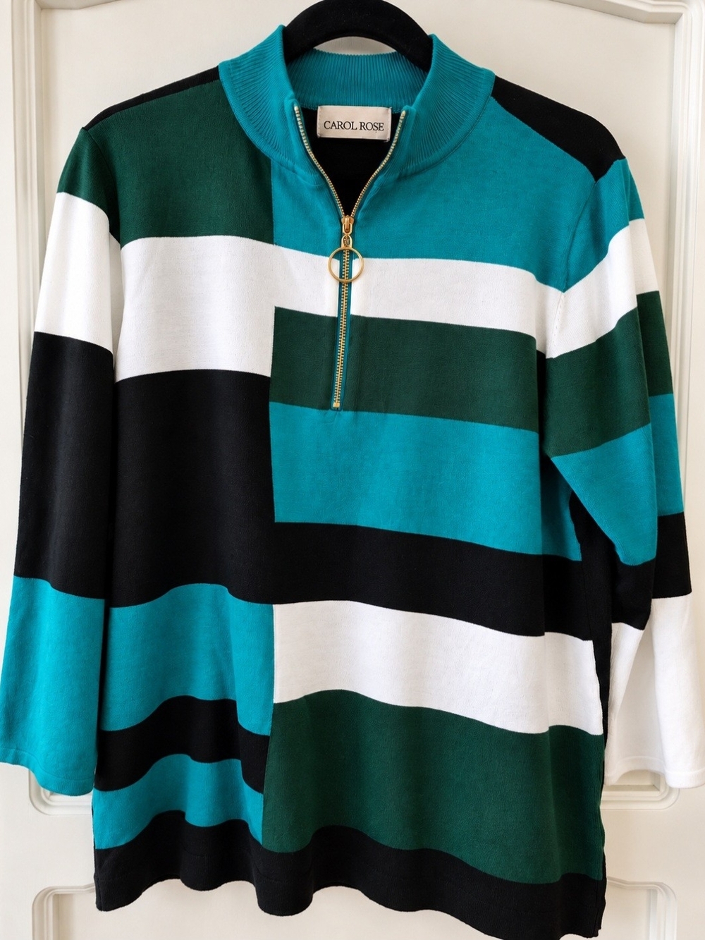 Carol Rose Teal, Black, White & Forest Green Color Blocked Quarter-Zip Sweater